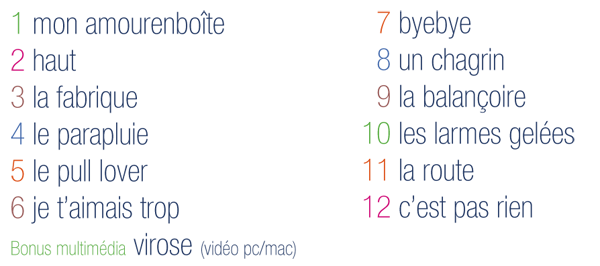 Mon amourenboîte Haut La fabrique Le parapluie Le pull lover Je t aimais trop Byebye Un chagrin La balançoire Les larmes gelées La route C est pas rien Virose